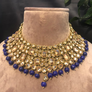 Pearly Necklace Set (Necklace, Earrings, Tikka) - Golden / Blue