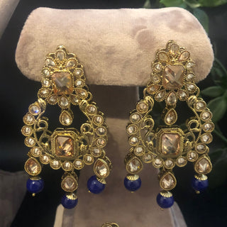 Pearly Necklace Set (Necklace, Earrings, Tikka) - Golden / Blue