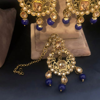 Pearly Necklace Set (Necklace, Earrings, Tikka) - Golden / Blue