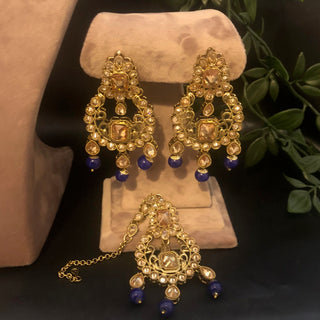 Pearly Necklace Set (Necklace, Earrings, Tikka) - Golden / Blue