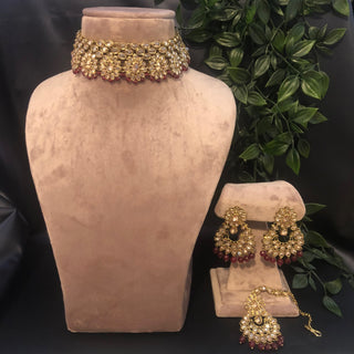 Pearly Antique Gold Necklace Set (Necklace, Earrings, Tikka) - Golden / Maroon