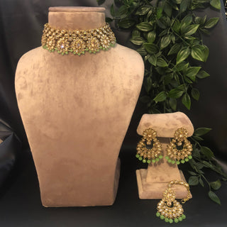 Pearly Antique Gold Necklace Set (Necklace, Earrings, Tikka) - Golden / Mint