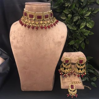 Pearly Antique Gold Necklace Set (Necklace, Earrings, Tikka) - Golden / Ruby