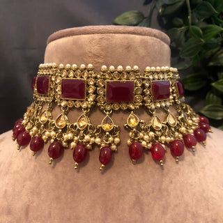 Pearly Antique Gold Necklace Set (Necklace, Earrings, Tikka) - Golden / Ruby