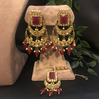 Pearly Antique Gold Necklace Set (Necklace, Earrings, Tikka) - Golden / Ruby