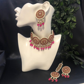 Pearly Antique Gold Necklace Set (Necklace, Earrings, Tikka) - Golden / Hot Pink