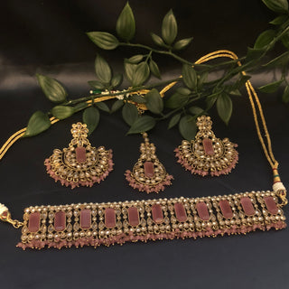 Pearly Antique Gold Necklace Set (Necklace, Earrings, Tikka) - Golden / Baby Pink