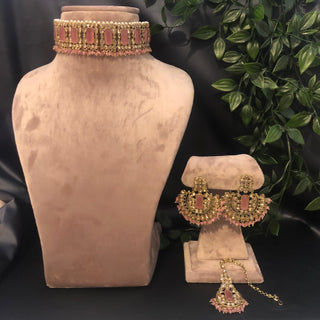 Pearly Antique Gold Necklace Set (Necklace, Earrings, Tikka) - Golden / Baby Pink