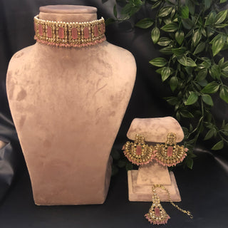 Pearly Antique Gold Necklace Set (Necklace, Earrings, Tikka) - Golden / Baby Pink