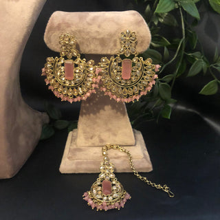 Pearly Antique Gold Necklace Set (Necklace, Earrings, Tikka) - Golden / Baby Pink