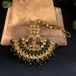 Pearly Antique Gold Necklace Set (Necklace, Earrings, Tikka) - Golden / Emerald Green