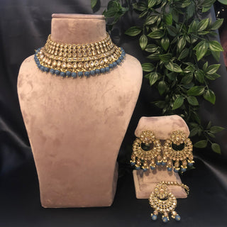 Pearly Antique Gold Necklace Set (Necklace, Earrings, Tikka) - Golden / Blue