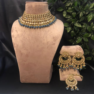 Pearly Antique Gold Necklace Set (Necklace, Earrings, Tikka) - Golden / Blue