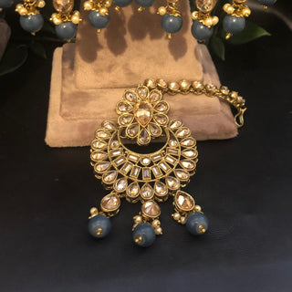 Pearly Antique Gold Necklace Set (Necklace, Earrings, Tikka) - Golden / Blue