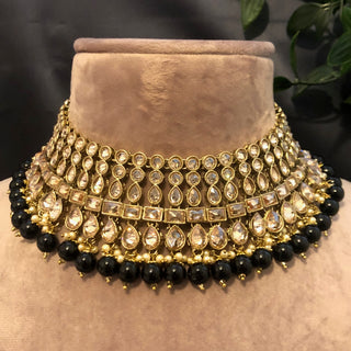 Pearly Antique Gold Necklace Set (Necklace, Earrings, Tikka) - Golden / Black