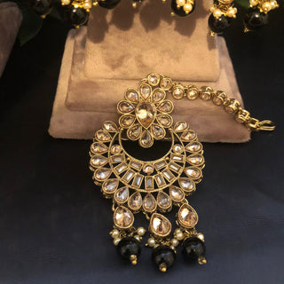 Pearly Antique Gold Necklace Set (Necklace, Earrings, Tikka) - Golden / Black