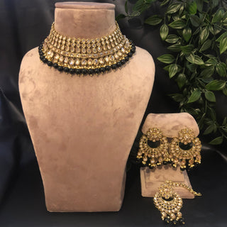 Pearly Antique Gold Necklace Set (Necklace, Earrings, Tikka) - Golden / Black