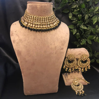 Pearly Antique Gold Necklace Set (Necklace, Earrings, Tikka) - Golden / Black