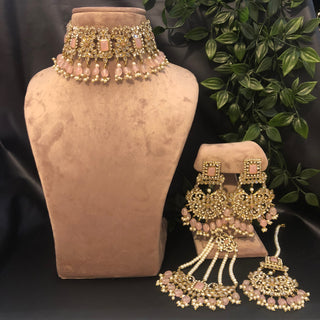 Pearly Antique Gold Necklace Set (Necklace, Earrings, Tikka) - Golden / Baby Pink