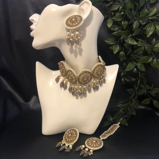 Pearly Antique Gold Necklace Set (Necklace, Earrings, Tikka) - Golden / Grey