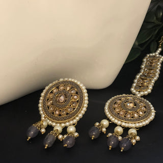 Pearly Antique Gold Necklace Set (Necklace, Earrings, Tikka) - Golden / Grey