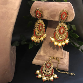 Pearly Antique Gold Necklace Set (Necklace, Earrings, Tikka) - Golden / Red