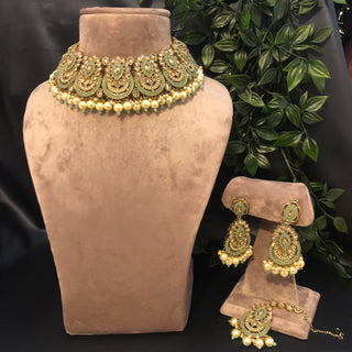 Pearly Antique Gold Necklace Set (Necklace, Earrings, Tikka) - Golden / Mint