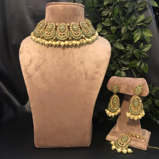 Pearly Antique Gold Necklace Set (Necklace, Earrings, Tikka) - Golden / Mint