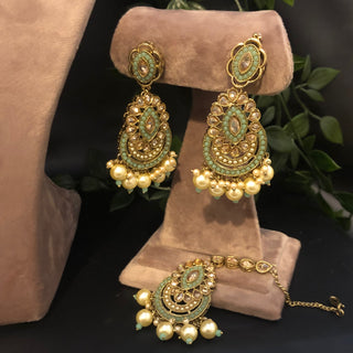 Pearly Antique Gold Necklace Set (Necklace, Earrings, Tikka) - Golden / Mint