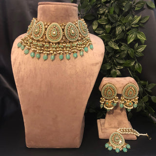 Pearly Antique Gold Necklace Set (Necklace, Earrings, Tikka) - Golden / Mint