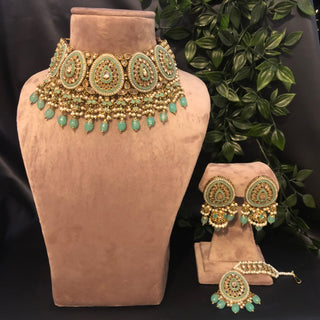 Pearly Antique Gold Necklace Set (Necklace, Earrings, Tikka) - Golden / Mint