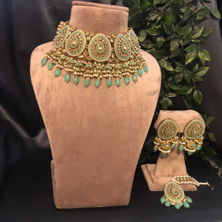 Pearly Antique Gold Necklace Set (Necklace, Earrings, Tikka) - Golden / Mint