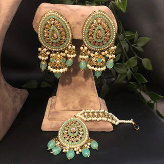 Pearly Antique Gold Necklace Set (Necklace, Earrings, Tikka) - Golden / Mint