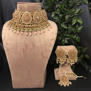 Pearly Antique Gold Necklace Set (Necklace, Earrings, Tikka) - Golden / Baby Pink