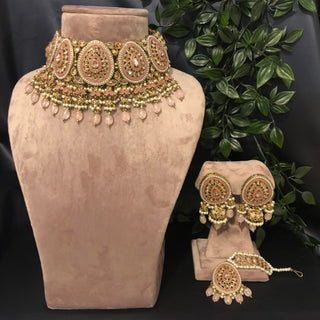 Pearly Antique Gold Necklace Set (Necklace, Earrings, Tikka) - Golden / Baby Pink