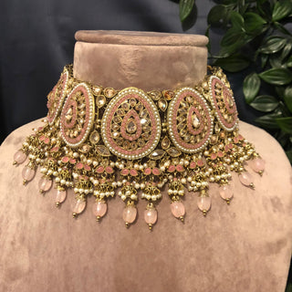 Pearly Antique Gold Necklace Set (Necklace, Earrings, Tikka) - Golden / Baby Pink