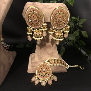 Pearly Antique Gold Necklace Set (Necklace, Earrings, Tikka) - Golden / Baby Pink