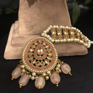 Pearly Antique Gold Necklace Set (Necklace, Earrings, Tikka) - Golden / Baby Pink