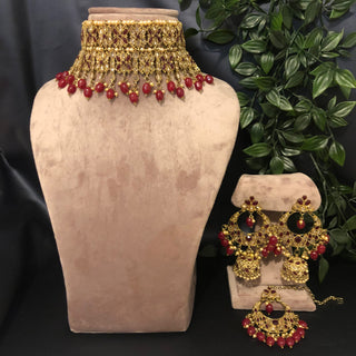 Pearly Antique Gold, Double Choker Necklace Set (Necklace, Earrings, Tikka) - Golden / Maroon