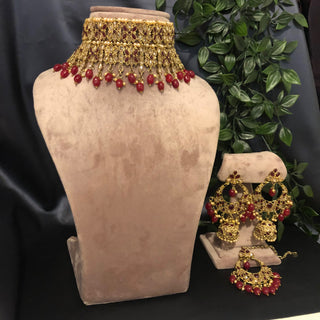 Pearly Antique Gold, Double Choker Necklace Set (Necklace, Earrings, Tikka) - Golden / Maroon