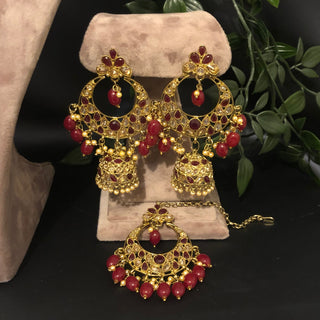 Pearly Antique Gold, Double Choker Necklace Set (Necklace, Earrings, Tikka) - Golden / Maroon