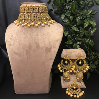 Pearly Antique Gold, Double Choker Necklace Set (Necklace, Earrings, Tikka) - Golden / Golden