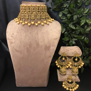 Pearly Antique Gold, Double Choker Necklace Set (Necklace, Earrings, Tikka) - Golden / Golden