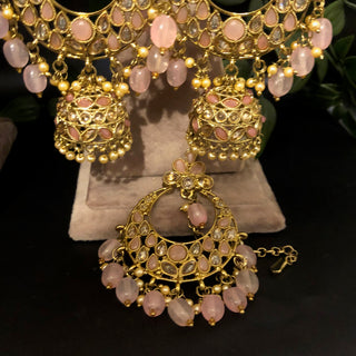 Pearly Antique Gold, Double Choker Necklace Set (Necklace, Earrings, Tikka) - Golden / Baby Pink