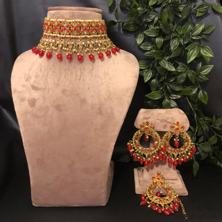 Pearly Antique Gold Necklace Set (Necklace, Earrings, Tikka) - Golden / Red