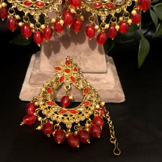 Pearly Antique Gold Necklace Set (Necklace, Earrings, Tikka) - Golden / Red