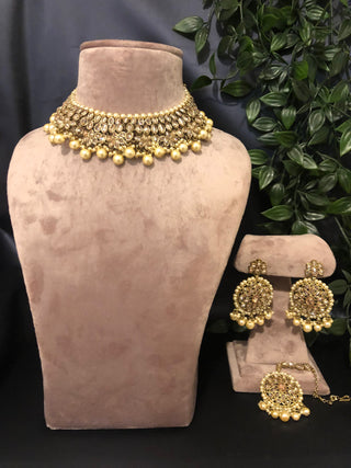 Pearly Antique Gold Necklace Set (Necklace, Earrings, Tikka) - Golden