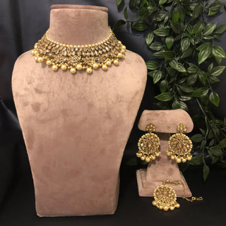 Pearly Antique Gold Necklace Set (Necklace, Earrings, Tikka) - Golden