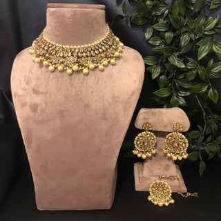 Pearly Antique Gold Necklace Set (Necklace, Earrings, Tikka) - Golden