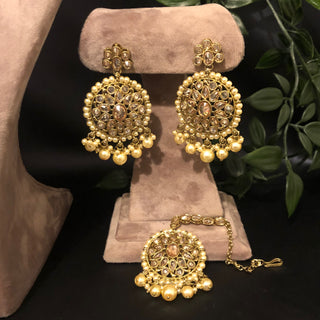 Pearly Antique Gold Necklace Set (Necklace, Earrings, Tikka) - Golden